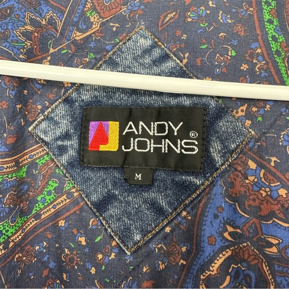 Andy Johns Denim Paisley Jacket Polyfill Leather Vintage Oversized Blue Baggy - Picture 2 of 12